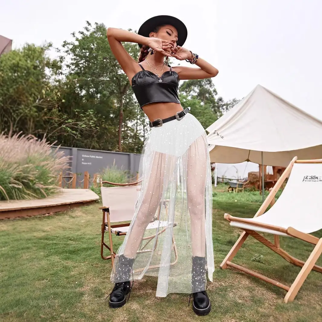 Red See-Through Pleated Hip Skirt High-Waist Mesh - Image 7