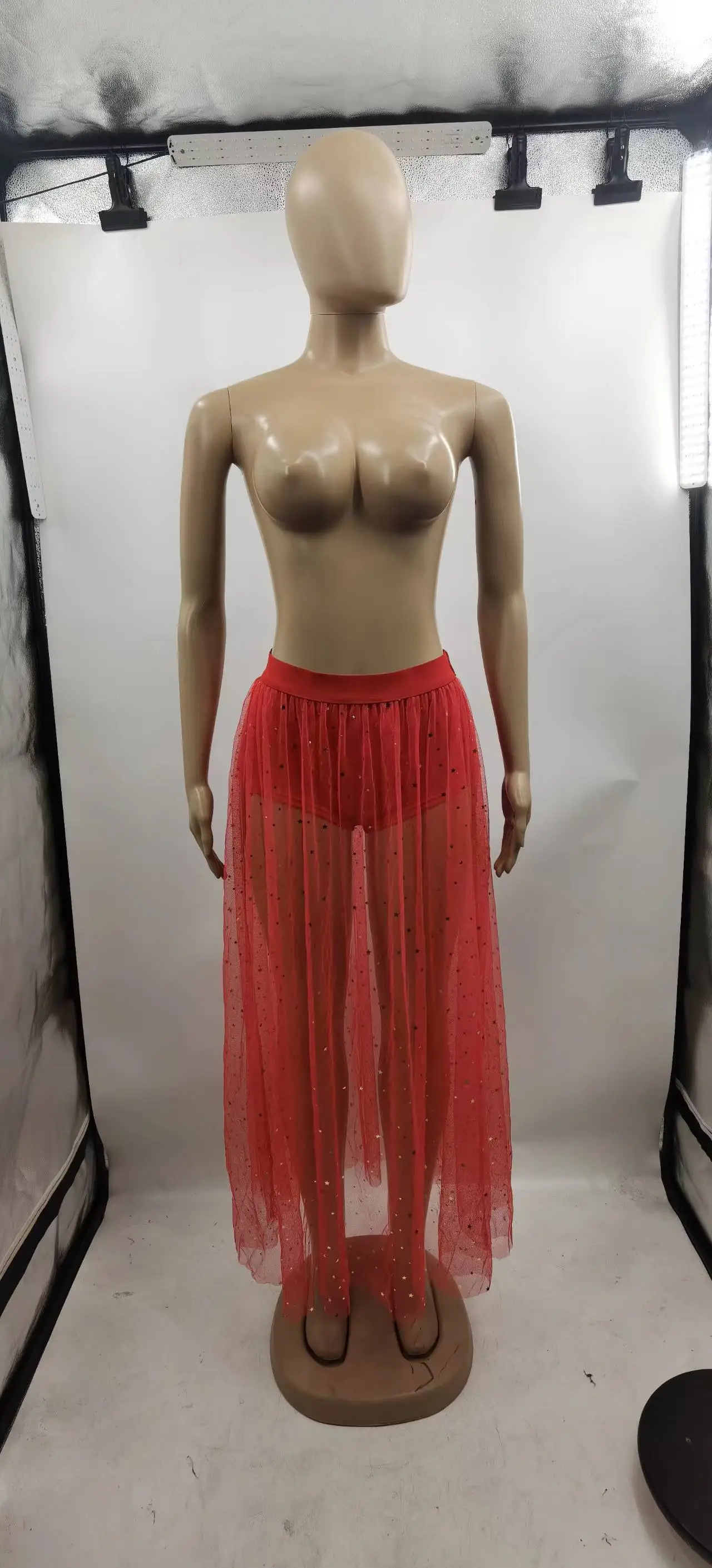 Red See-Through Pleated Hip Skirt High-Waist Mesh - Image 3