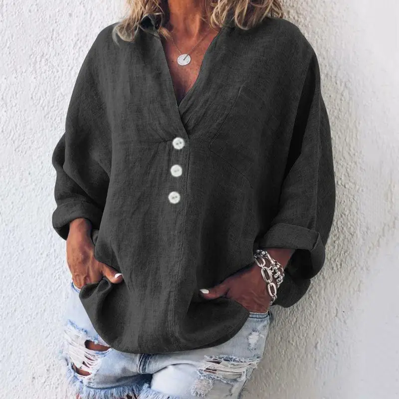2023 V Neck Linen Button Pullover Women - Image 9