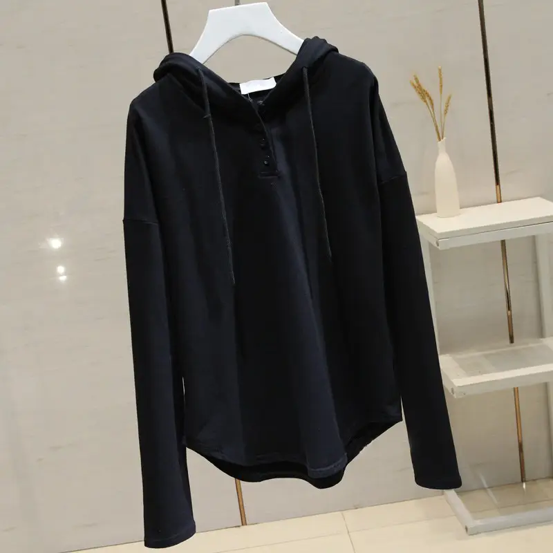 Women Black Hooded Sweatshirt Lazy Style Loose Fit - Image 3