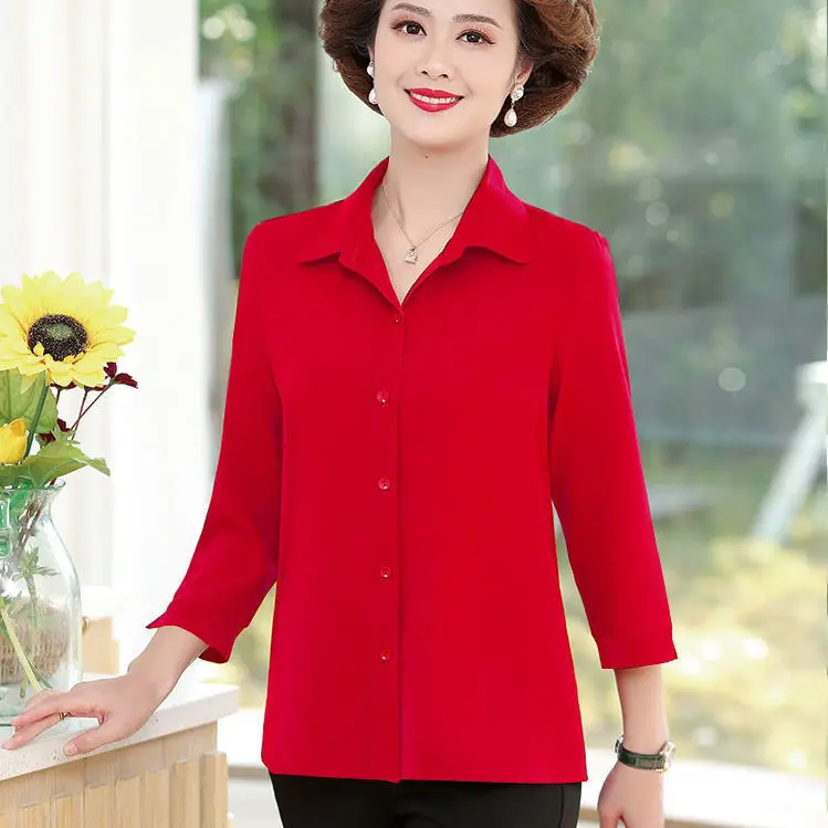 2024 Women Shirts with 3Q Sleeve Collar Red Green