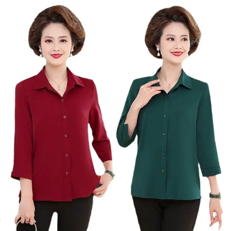 2024 Women Shirts with 3Q Sleeve Collar Red Green