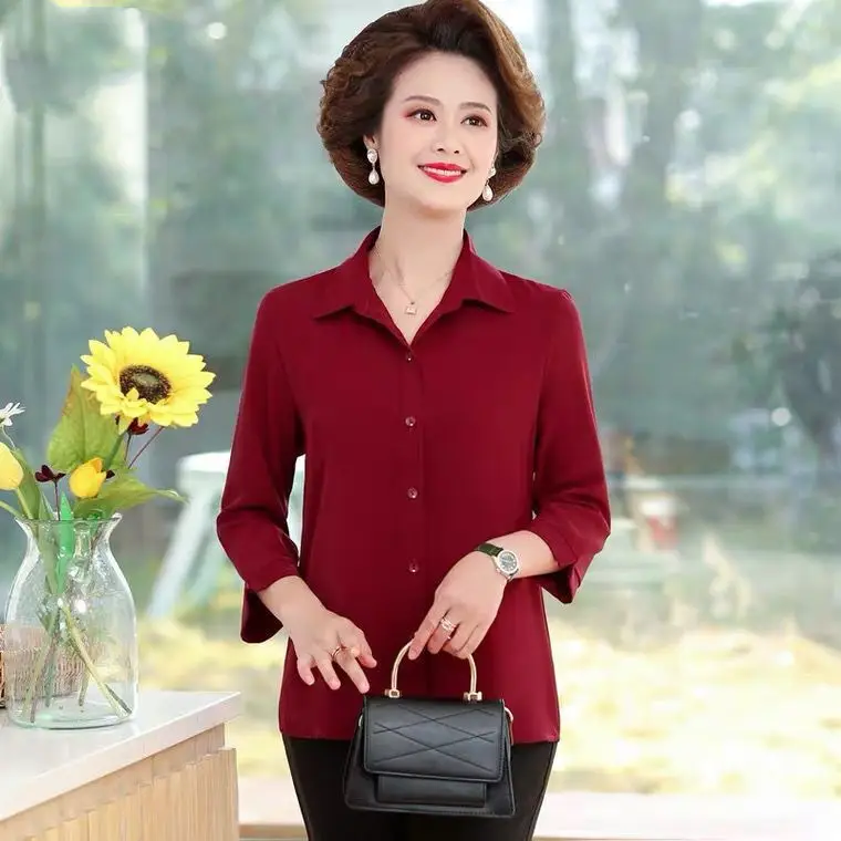2024 Women Shirts with 3Q Sleeve Collar Red Green