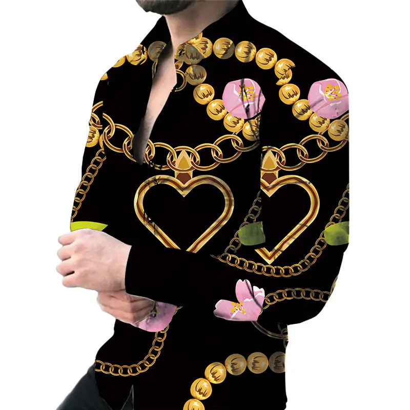 2026 Men's 3D Digital Print Shirt Navy Blue Gold Pattern - Image 2