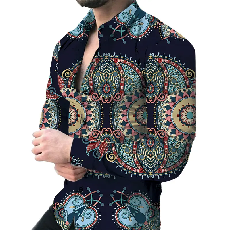 2026 Men's 3D Digital Print Shirt Navy Blue Gold Pattern - Image 3