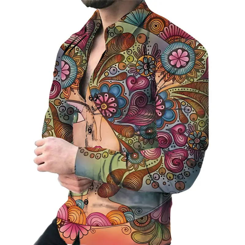 2026 Men's 3D Digital Print Shirt Navy Blue Gold Pattern - Image 4