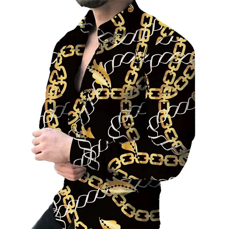 2026 Men's 3D Digital Print Shirt Navy Blue Gold Pattern - Image 5