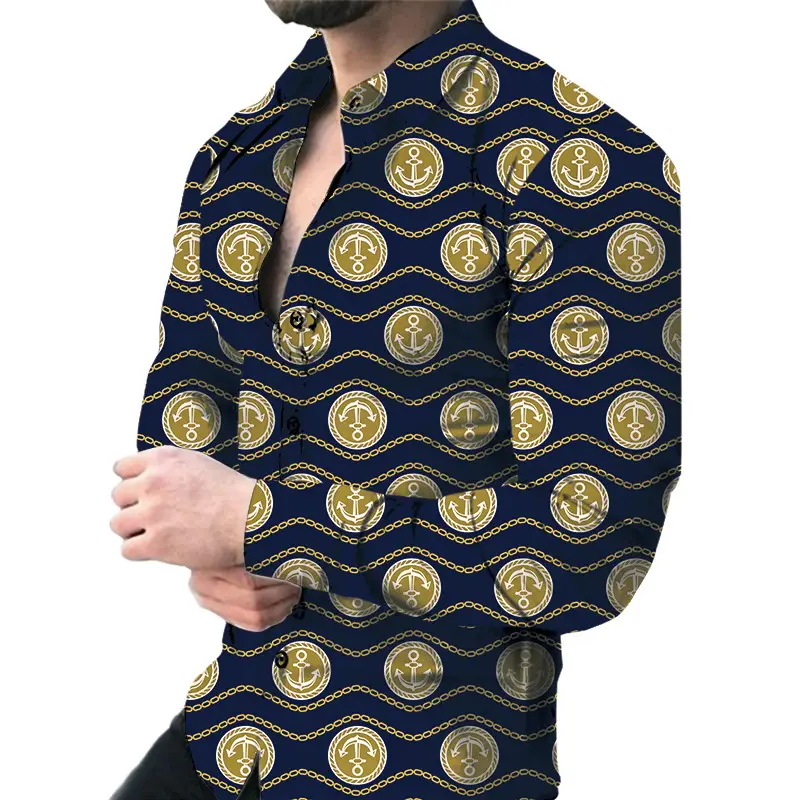 2026 Men's 3D Digital Print Shirt Navy Blue Gold Pattern - Image 10