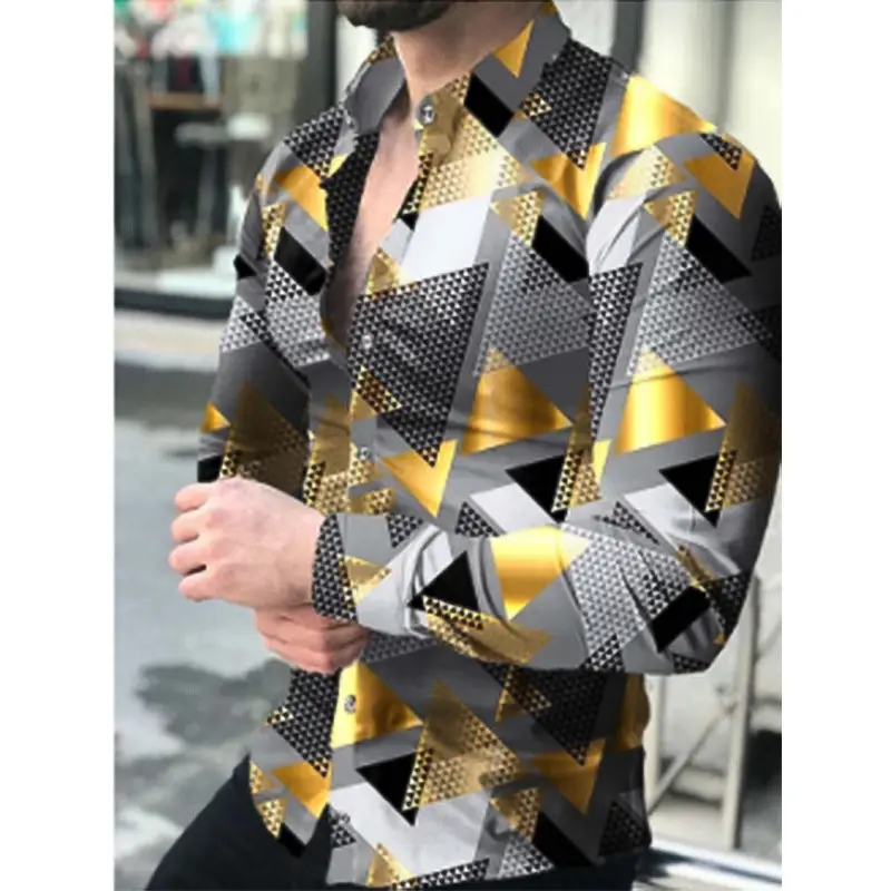 2026 Men's 3D Digital Print Shirt Navy Blue Gold Pattern - Image 13