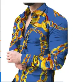 2026 Men's 3D Digital Print Shirt Navy Blue Gold Pattern - Image 14