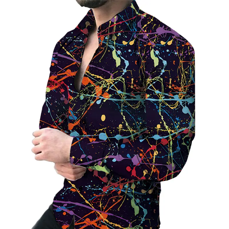2026 Men's 3D Digital Print Shirt Navy Blue Gold Pattern - Image 6