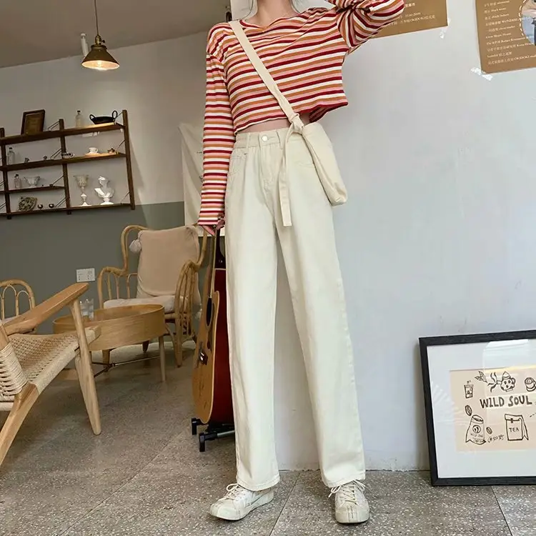 Women's Creamy White Wide Leg Jeans Autumn Loose Fit - Image 6