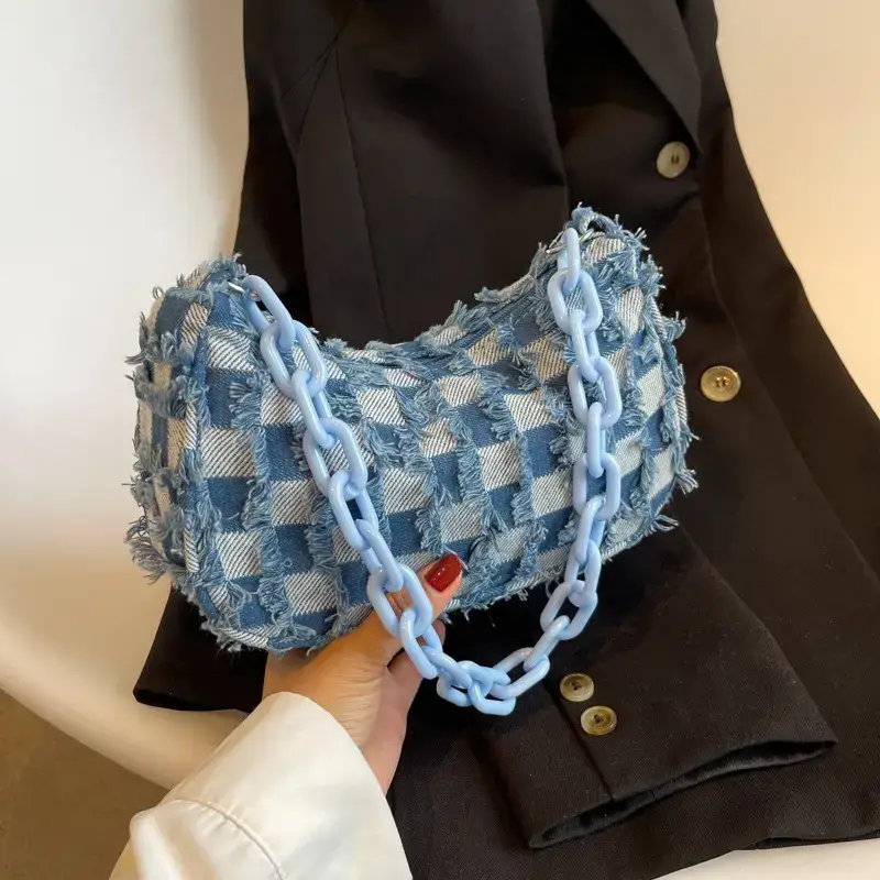 Vintage Checkered Crossbody Bag Women Blue Denim Chain - Image 4