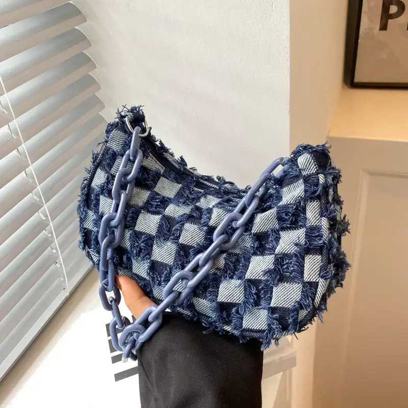 Vintage Checkered Crossbody Bag Women Blue Denim Chain - Image 5