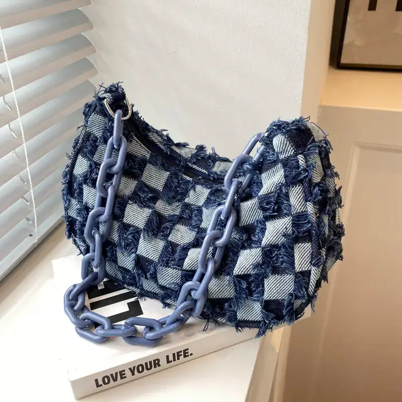 Vintage Checkered Crossbody Bag Women Blue Denim Chain - Image 7