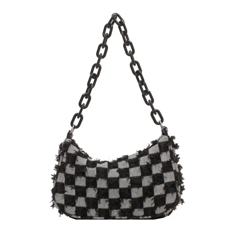 Vintage Checkered Crossbody Bag Women Blue Denim Chain - Image 8