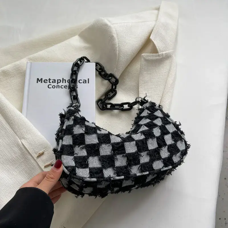 Vintage Checkered Crossbody Bag Women Blue Denim Chain - Image 2