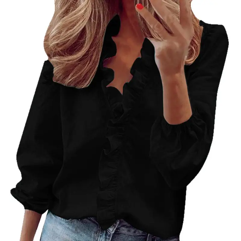 2025 Black Long Sleeve Ruffle T-Shirt Plus Size - Image 10