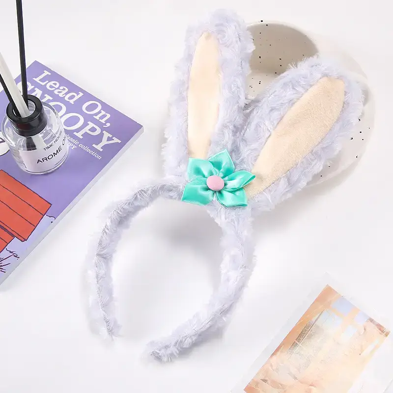 3D Rabbit Ears Hairband Women's Soft Purple with Blue Bow - Image 4