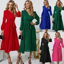 Women's Maroon Hip-Hugging Button Dress Long Sleeve — feature 5