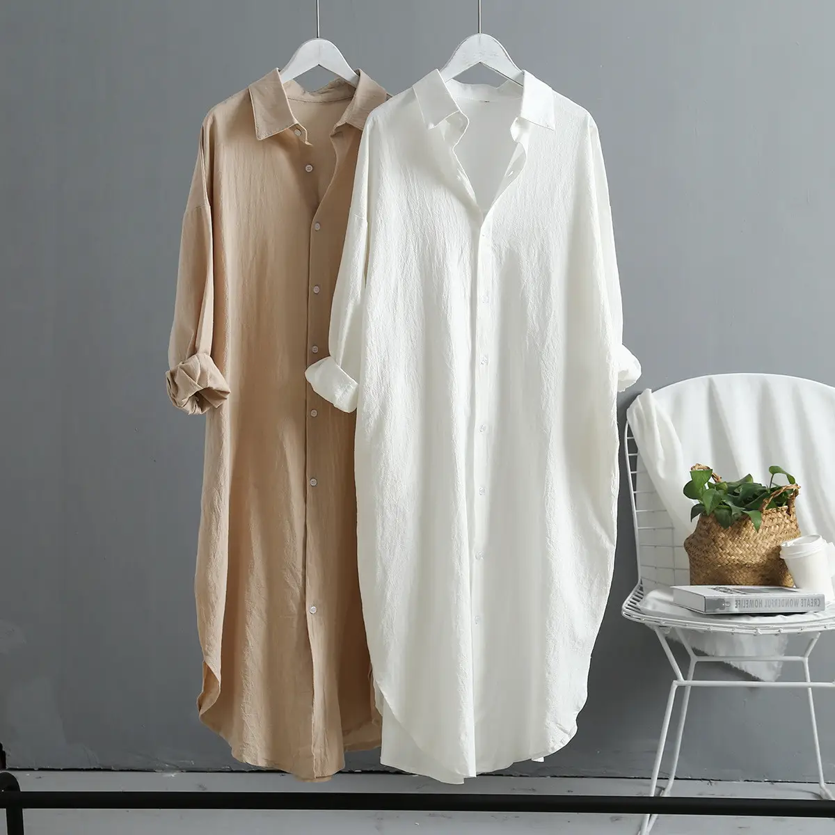 Women Korean Style Long Sleeve White Dress Large