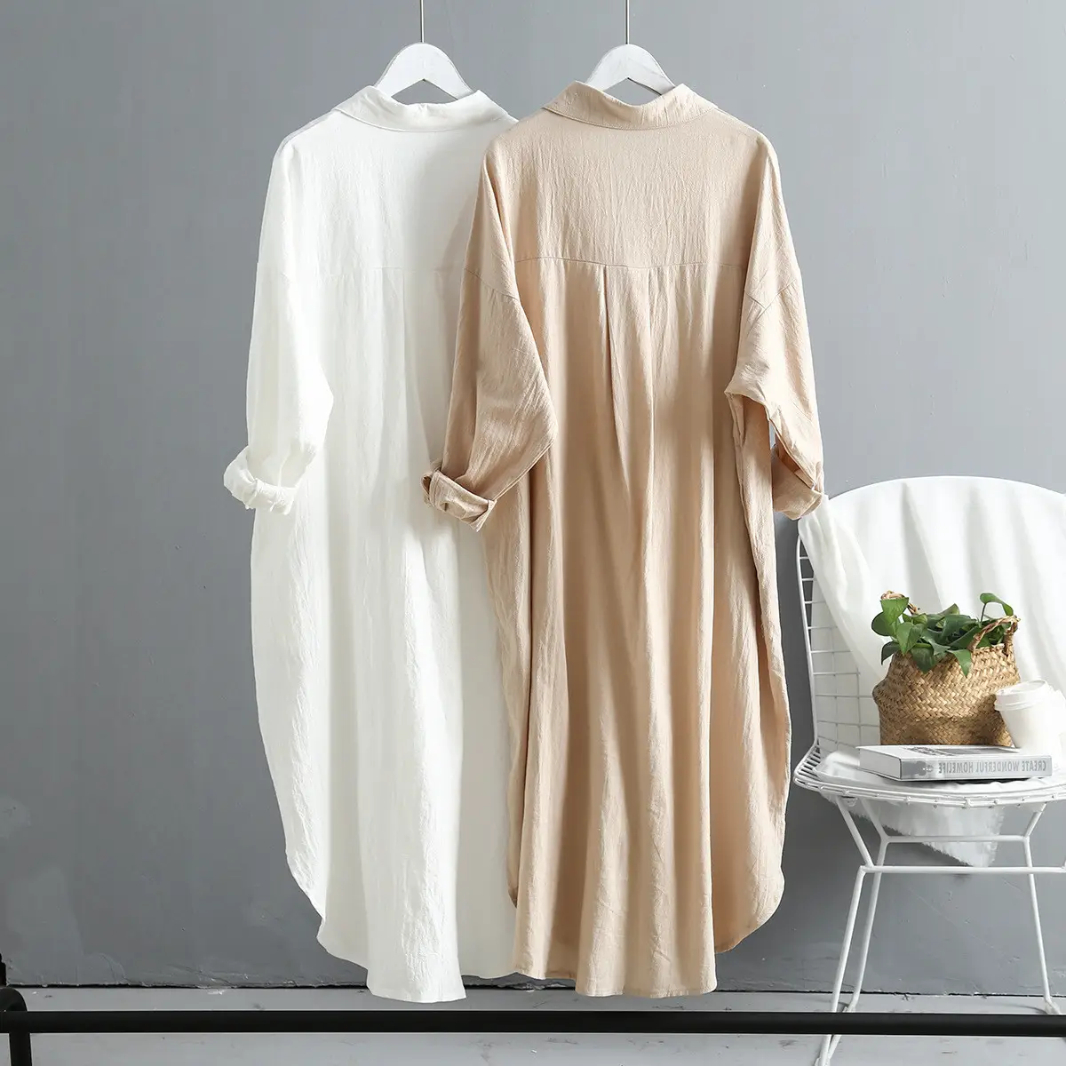 Women Korean Style Long Sleeve White Dress Large