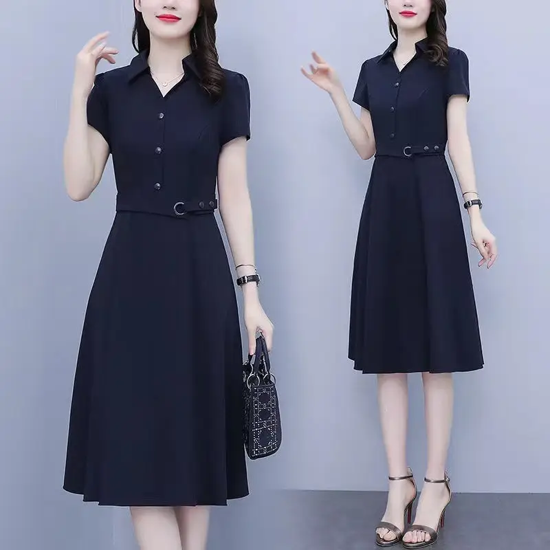 Large Size Women's 2022 Summer Dress Dark Blue Slim Fit - Image 2