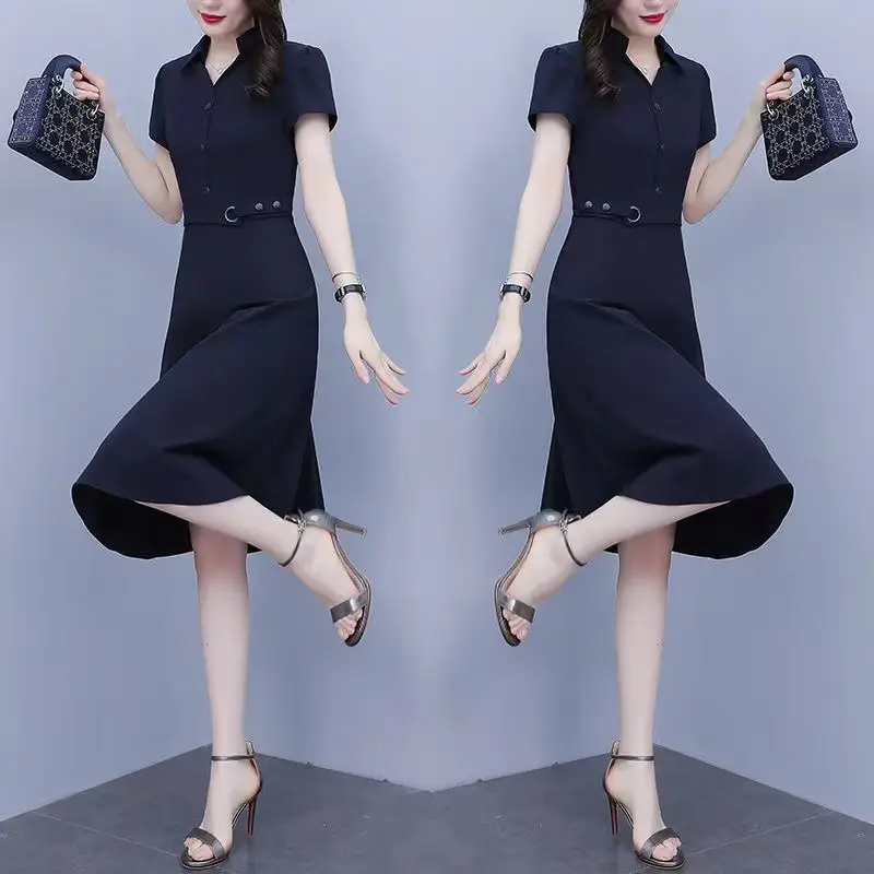 Large Size Women's 2022 Summer Dress Dark Blue Slim Fit - Image 3