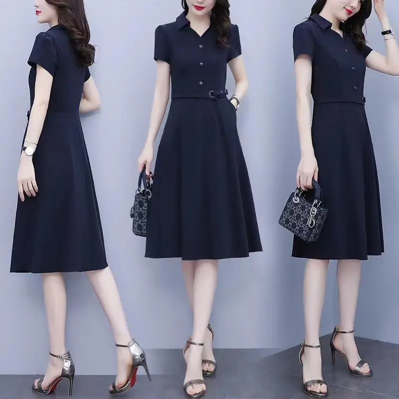 Large Size Women's 2022 Summer Dress Dark Blue Slim Fit - Image 4