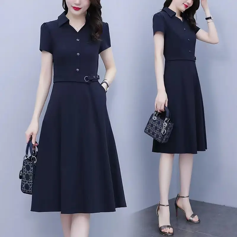 Large Size Women's 2022 Summer Dress Dark Blue Slim Fit - Image 5
