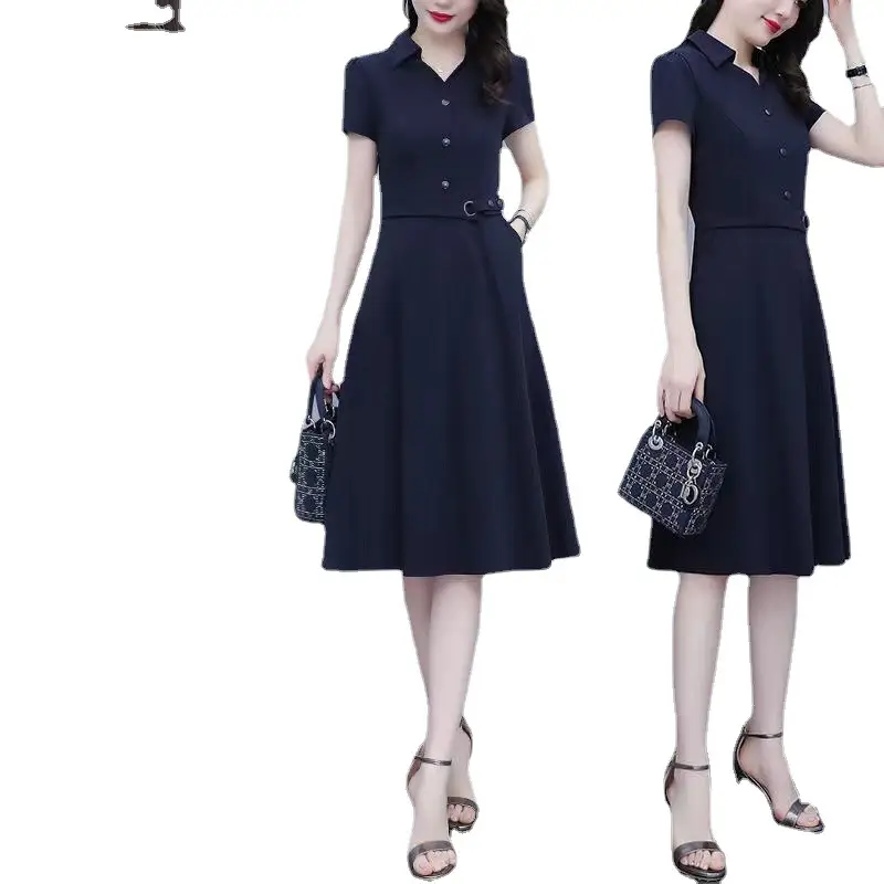 Large Size Women's 2022 Summer Dress Dark Blue Slim Fit - Image 6