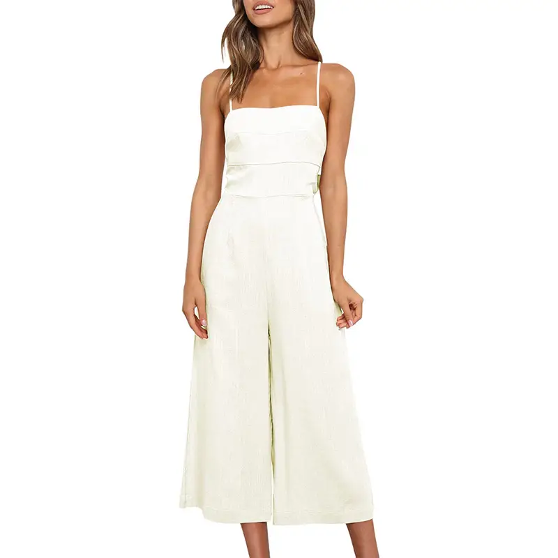 Women Cotton Linen Wrap Waist Lace-Up Jumpsuit White - Image 6