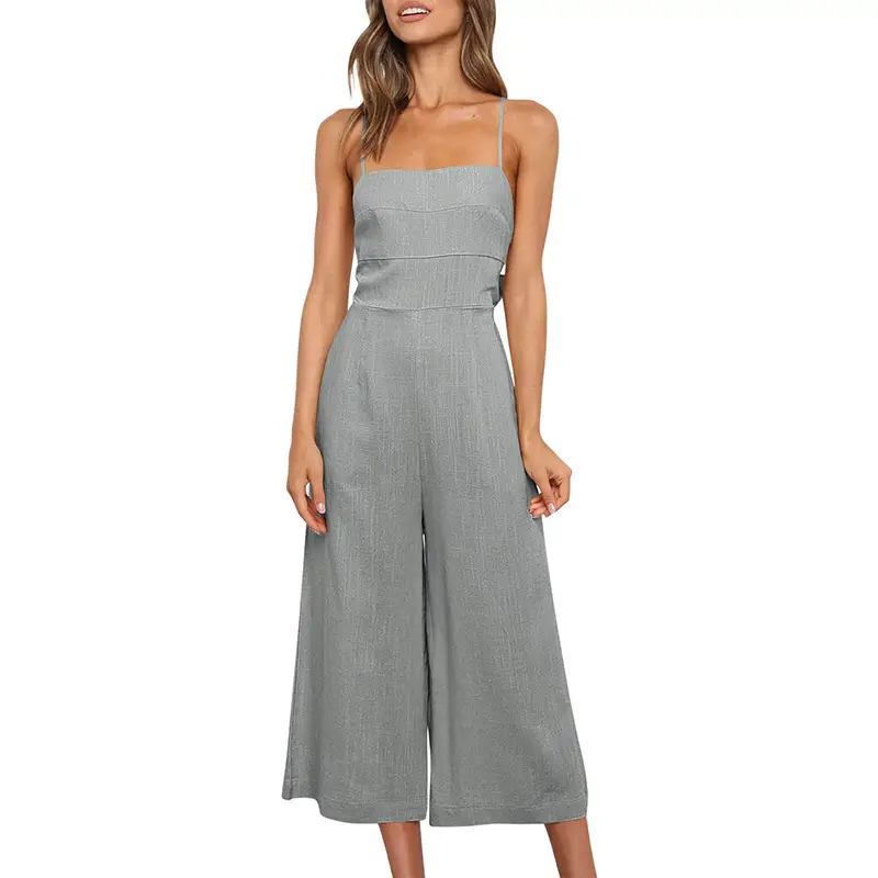 Women Cotton Linen Wrap Waist Lace-Up Jumpsuit White - Image 8