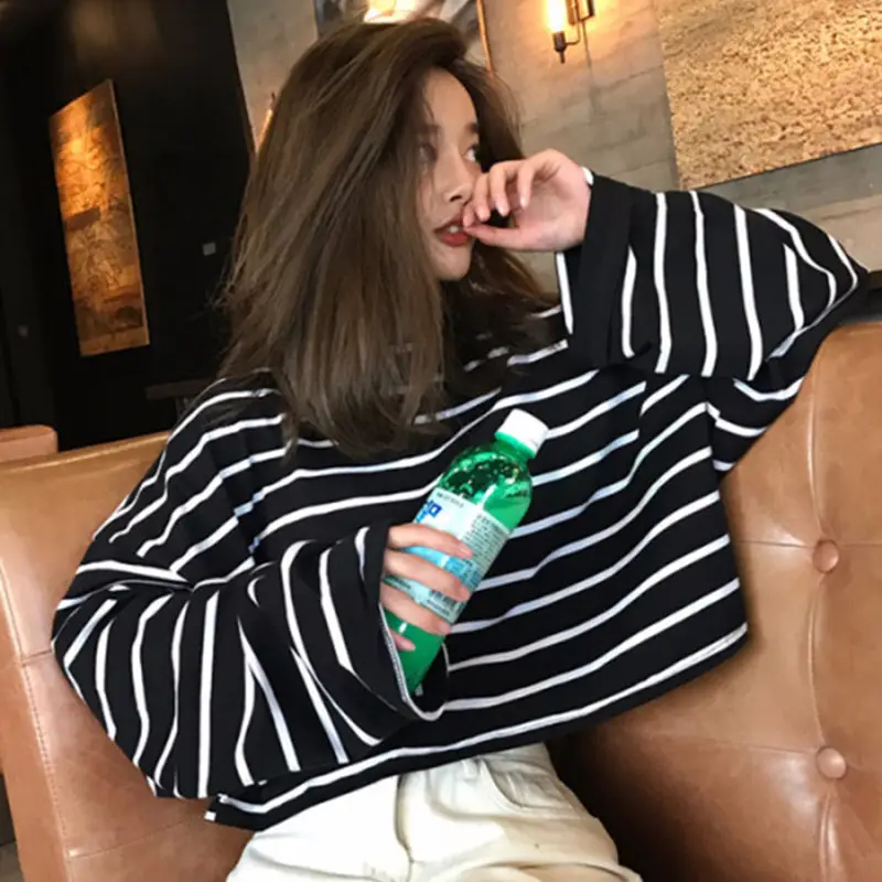 Black White Striped Long Sleeve T-Shirt Women
