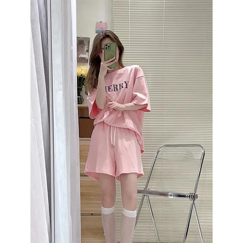 Women Silver Short Sleeve T-Shirt Shorts Set Summer