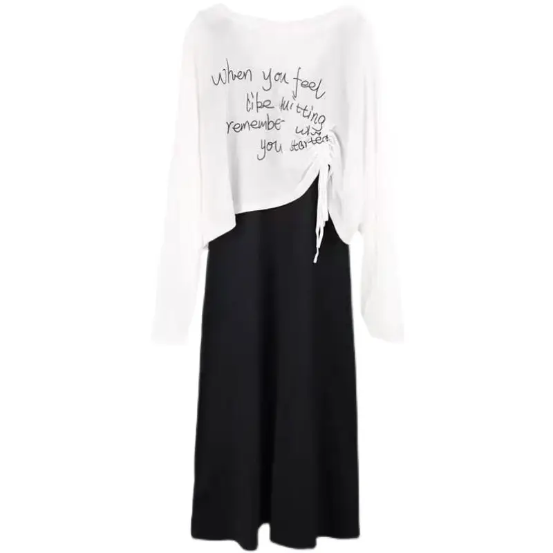 Women Chiffon Dress Suit White Black Drawstring Camisole Long Skirt - Image 7