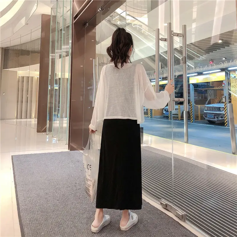 Women Chiffon Dress Suit White Black Drawstring Camisole Long Skirt — feature 10