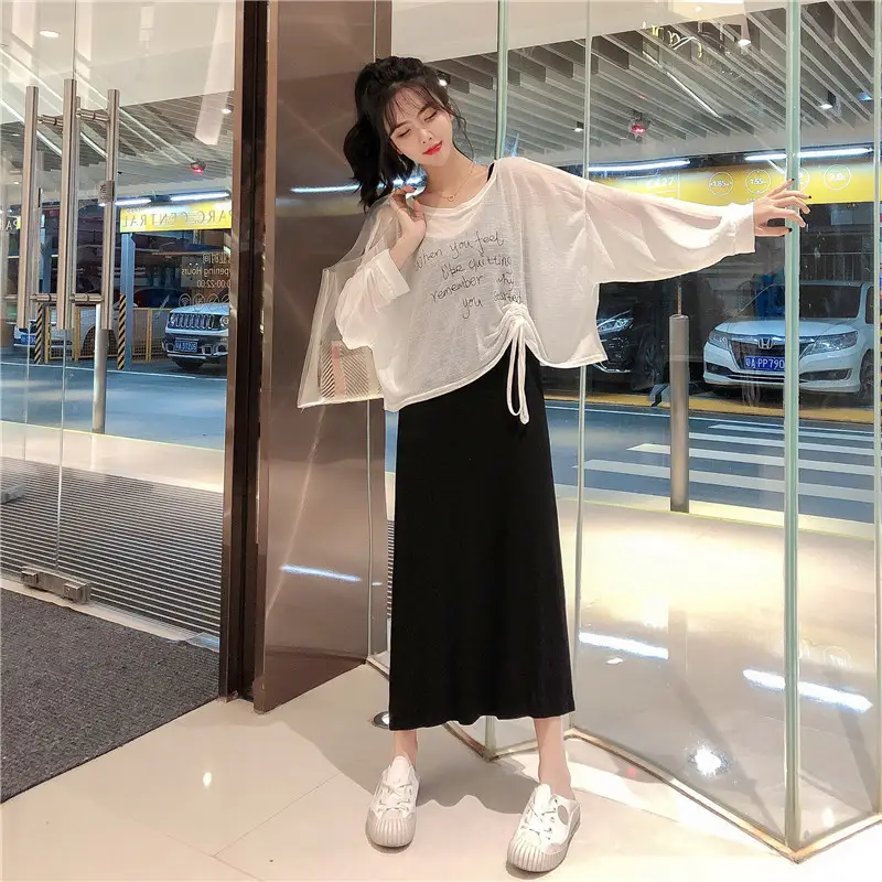 Women Chiffon Dress Suit White Black Drawstring Camisole Long Skirt — feature 2