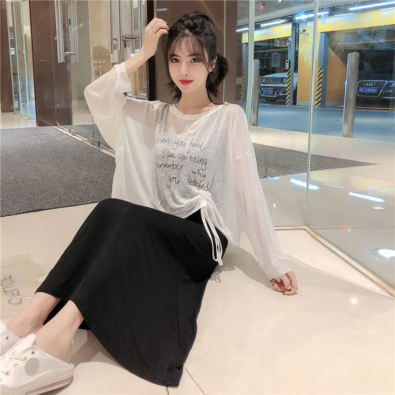 Women Chiffon Dress Suit White Black Drawstring Camisole Long Skirt — feature 3