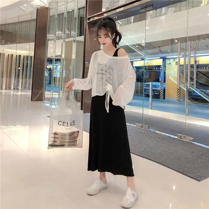 Women Chiffon Dress Suit White Black Drawstring Camisole Long Skirt — feature 4