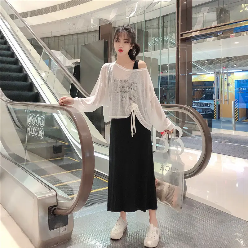 Women Chiffon Dress Suit White Black Drawstring Camisole Long Skirt — feature 5