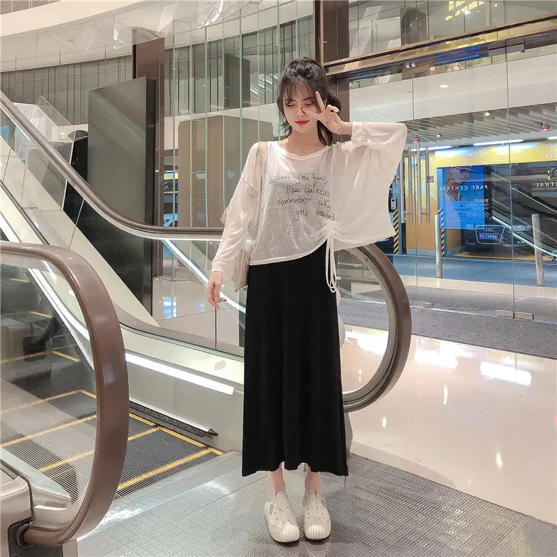 Women Chiffon Dress Suit White Black Drawstring Camisole Long Skirt — feature 6