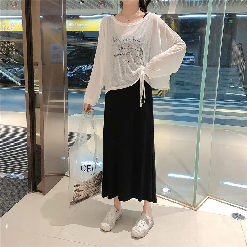 Women Chiffon Dress Suit White Black Drawstring Camisole Long Skirt — feature 7