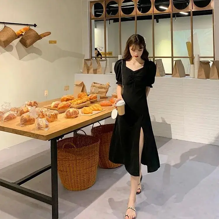 Black Slimming Cross-Country Dress with Split Front — feature 8