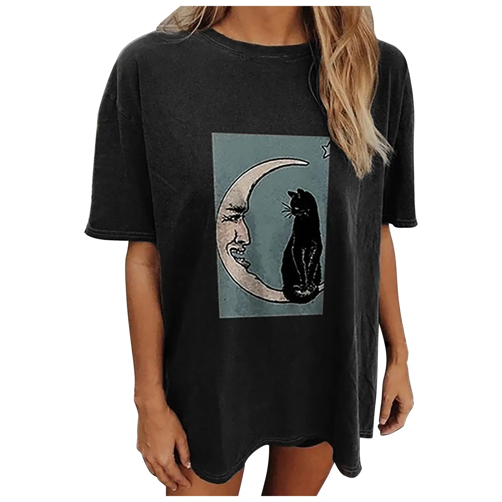2025 Loose Planet Print Casual T-Shirt Black
