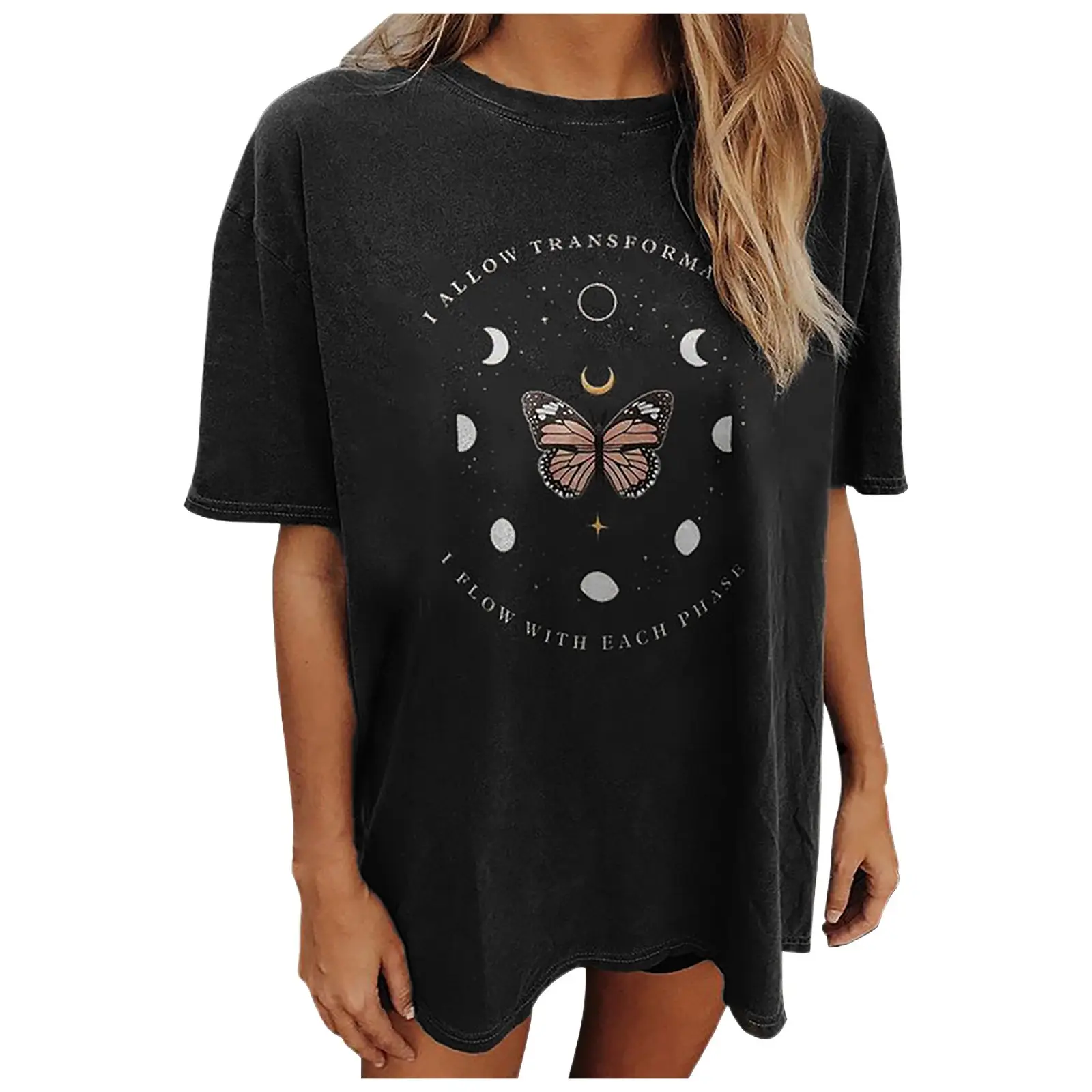 2025 Loose Planet Print Casual T-Shirt Black