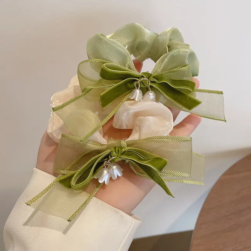 Black Lily of the Valley Hair Tie with Green Leaves