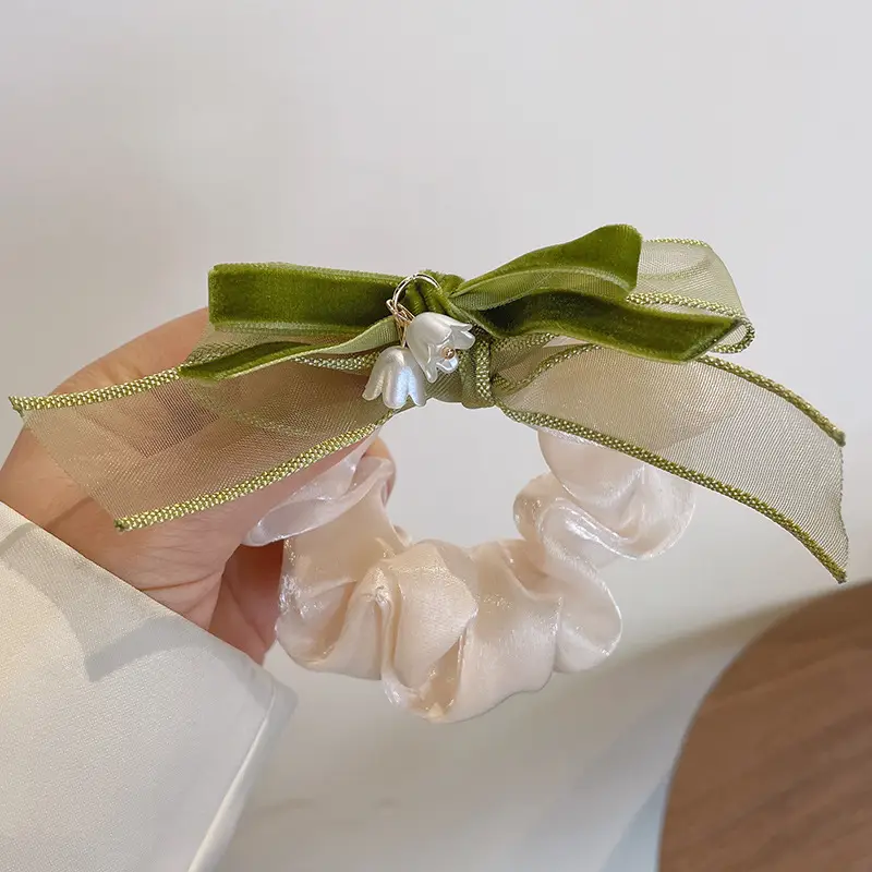 Black Lily of the Valley Hair Tie with Green Leaves