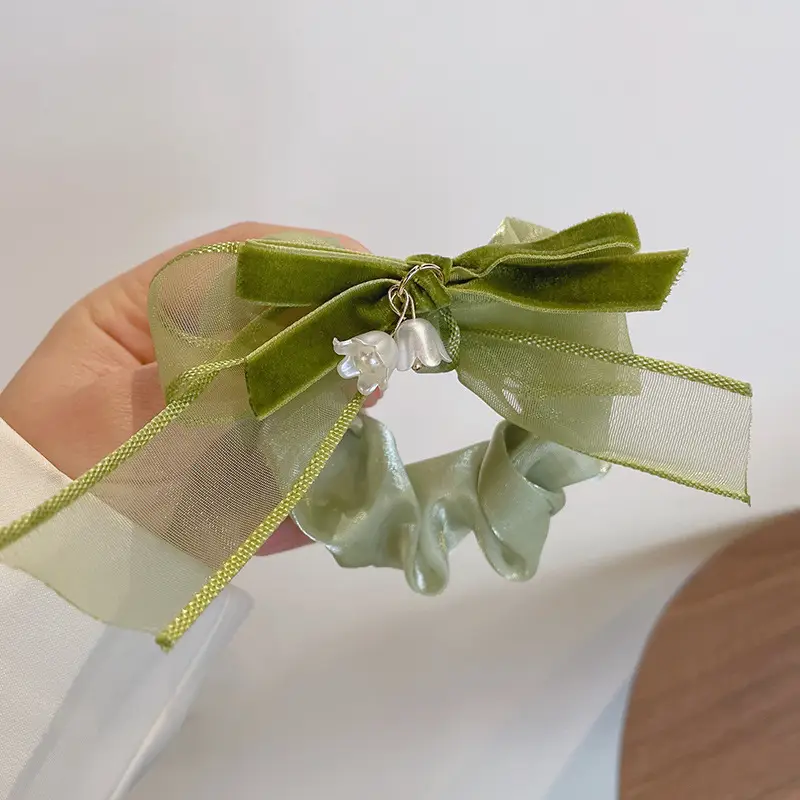 Black Lily of the Valley Hair Tie with Green Leaves