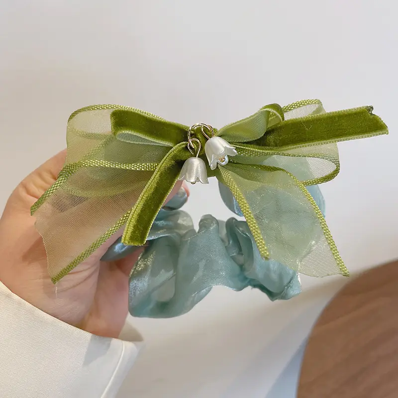Black Lily of the Valley Hair Tie with Green Leaves